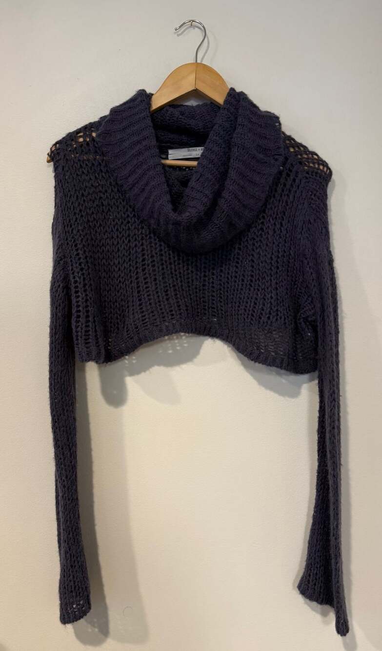 Silence + Noise Cowl Neck Crop Sweater Size S Dark Grey Open Knit